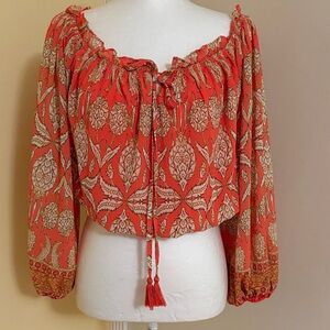 Flying Tomato 🍅 Women’s Boho Peasant Crop Top in Coral and Cream Print S